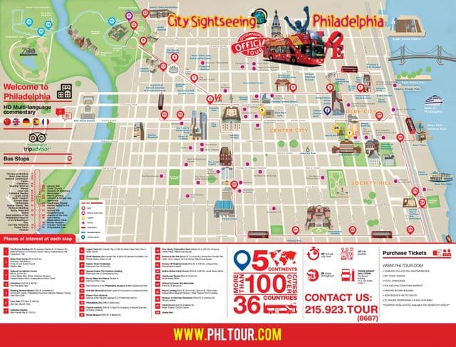 Mapa de excursões de ônibus Philadelphia Hop On Hop Off