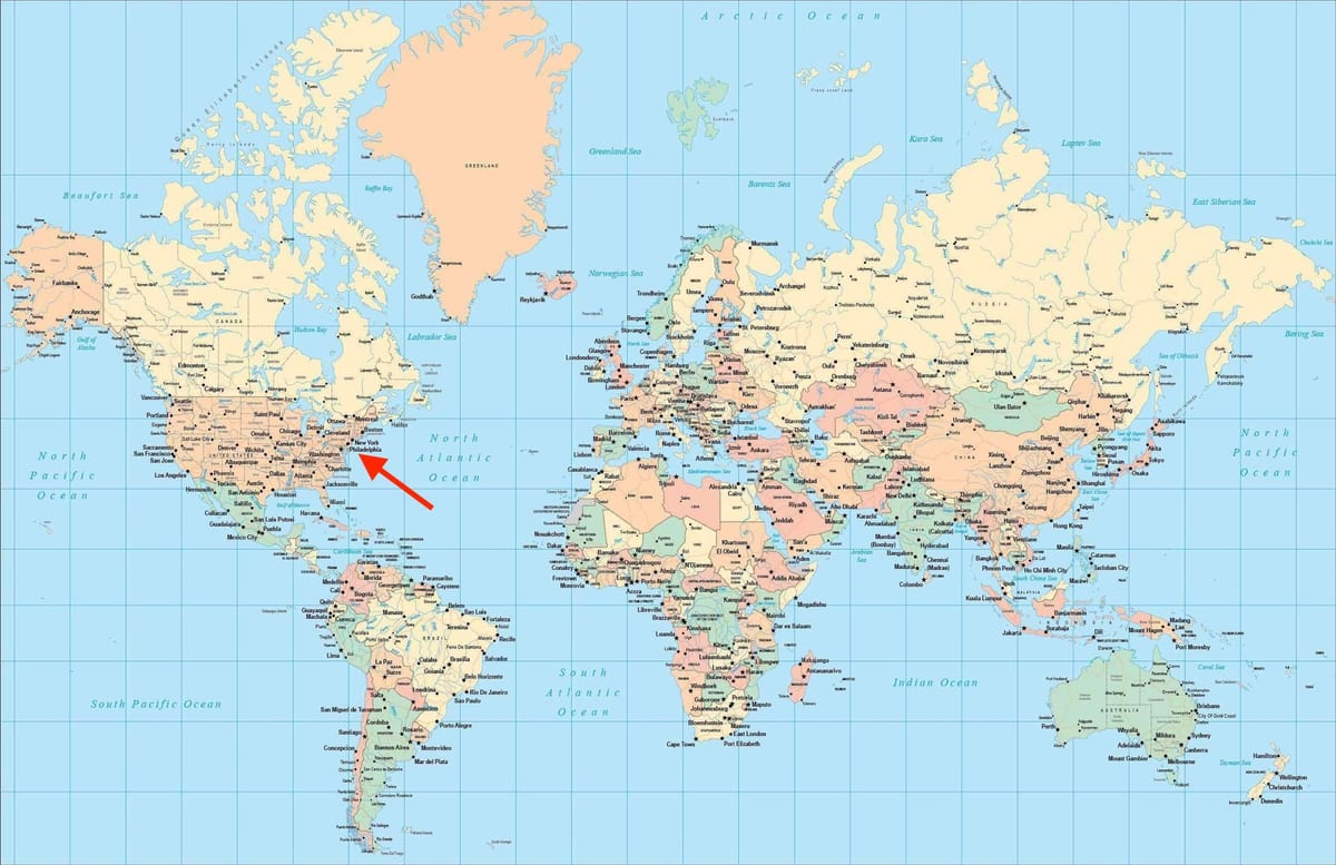 Localização da Filadélfia no mapa do mundo